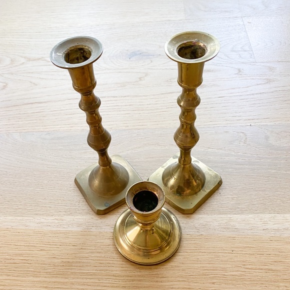 VINTAGE solid brass candle stick set of 3 - Picture 2 of 9
